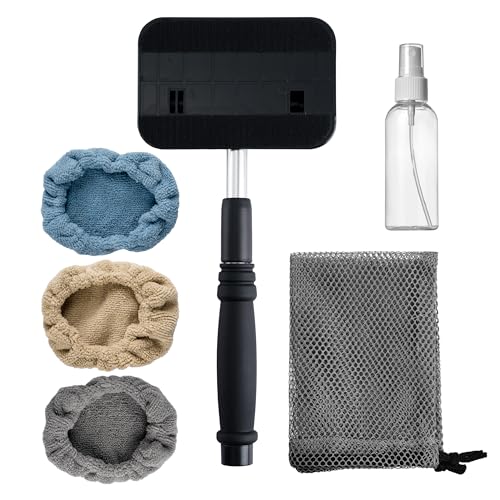 POLYTE Pivoting Windshield Glass Cleaning Tool Extendable Aluminum Handle | 3-Lint Free Microfiber Covers, Spray Bottle, Mesh Bag