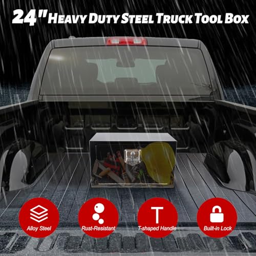 Steel Underbody Truck Tool Box,Storage Organizer Toolbox with T-Handle Lock | Waterproof Tongue Box for Storage with Smooth Surface for Truck, Pickup, RV, Trailer - Black, 24" x 12" x 14" Inch - size: 24" x 12" x 14"