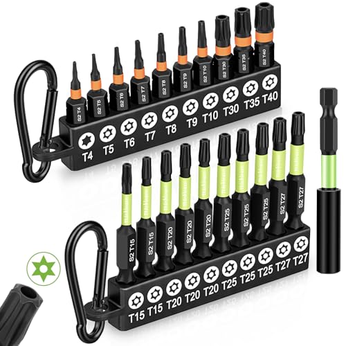 Impact Torx Bit Set, 20 Pcs 1"& 2" Tamper Proof Magnetic Screwdriver Bits, T4-T40 CNC Machined Tips, S2 Steel Long Torque Star Bits with 2.3" Extension Bit Holder and Storage Box - color: Orange+green, size: 1"&2" Torx Bits