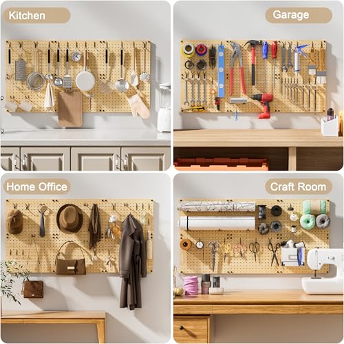 VOIMO Bamboo Pegboard Wall Organizer, 4 Panels, 16 x 12 in, 35 Hooks | Wall-mounted storage for tools, craft supplies, office essentials, kitchen accessories, and small hardware for garage use - size: 16'' X 12'' (4 Panels)