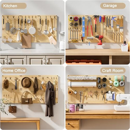 VOIMO Bamboo Pegboard Wall Organizer, 4 Panels, 16 x 12 in, 35 Hooks | Wall-mounted storage for tools, craft supplies, office essentials, kitchen accessories, and small hardware for garage use - size: 16'' X 12'' (4 Panels)