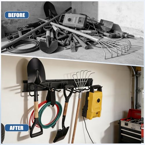 Garage Tool Organizer Wall Mount 49.5", 520lbs Heavy Duty Rack | 11 Adjustable Hooks for Garage Wall Garden & Yard Storage, Shed Wall Hanger System for Shovels, Ladders, Brooms, Weed Eaters - size: 49.5''-14Pack