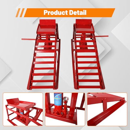 2 Pack 5T Low Profile Hydraulic Car Ramps, Red | Integrated Hydraulic Jack, Adjustable Lifting Height, High-Strength Steel, Ideal for Low Profile Vehicles, DIY Garage - size: 10000lbs/5T-Red