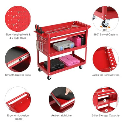 Winado 3 Tier Steel Utility Tool Cart with Drawer & Pegboard, Red | 330 lbs Capacity Rolling Service Cart with Lockable Wheels, Heavy Duty Garage Workshop Tool Storage for Warehouse, Factory