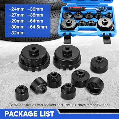 DASBET 10PCS Metric Oil Filter Wrench Socket Set | Includes 24mm to 65mm Low Profile Cap Wrenches for Easy Oil Filter Removal, 3/8" Drive Tool Kit, Compatible with Toyota, BMW, Mercedes, VW