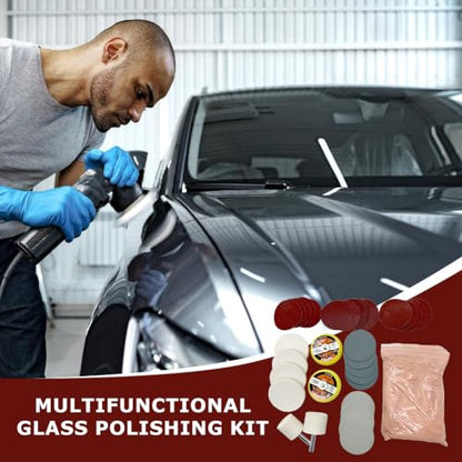 34Pcs/Set Glass Polishing Kit, Deep Scratch Remover, Multifunctional Cerium Oxide Polishing Powder, Glass Repair Kit for Windscreen, Windows, Tables, and Aquariums