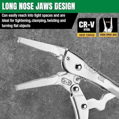 SK 6.5" Long Nose Locking Pliers, Vice Grips, Premium CR-V Steel | Vise Grip Pliers, Nickel-Plated Finish, Ergonomic Anti-slip Handle, Ideal for Welding or Assembly - size: 6.5"