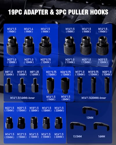 INCENDIOS 27PCS Diesel Injector Puller Set, Pneumatic Air-Powered Removal Tool | Injector Extractor Compatible with Bosch Delphi Siemens Denso, 600N Force, 5-8 Bar, 19 Adapters, 3 Hooks&US UK EU Connectors - size: 27PC