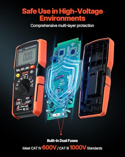 VEVOR Digital Multimeter, 6000-Count TRMS DC/AC Voltmeter Current Tester, Auto-Ranging Multimeter for Current Voltage Resistance Capacitance Temperature Diodes Continuity Low Impedance Measurment