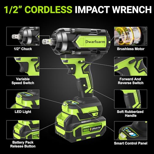 Cordless Impact Wrench 1/2 Inch, 1200N.m High Torque Brushless Impact Gun, 21V Power Impact Driver with 2×4.0Ah Batteries, 3-Speed modes & LED Light, 5 Sockets for Car/Mower (Black&Green)