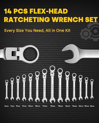 Enventor 14 Pieces Ratcheting Wrench Set, Metric 6-19mm, 180° Flex Head, CR-V Steel, 72-Teeth, 12-Point Combination Ratchet Wrenches Set with Rolling Pouch - size: Metric-14PCS