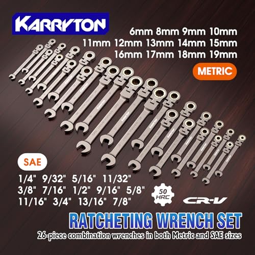 26-Piece Flex head Ratcheting Wrench Set (Metric & SAE), 72 Teeth Combination Wrench Set w/Organizer Rack,Cr-V Steel,6-19mm &1/4-7/8", Black Nickel Handle with Golden Ratchet - color: Flex Head