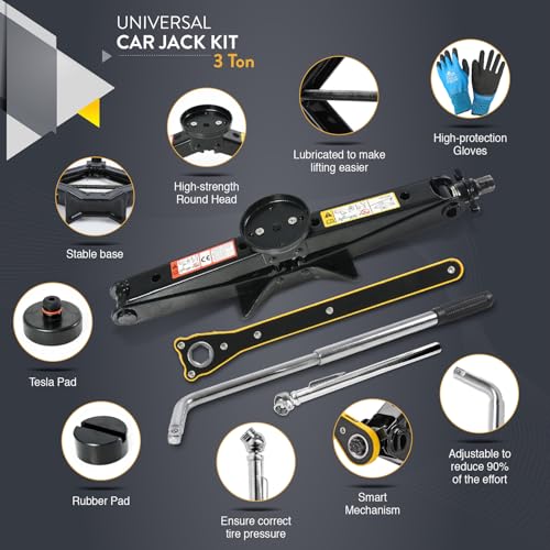 Tesla Car Jack Kit 3 Ton Scissor Jack with Rubber Pad for Auto & SUV | Portable emergency kit, Tire Jack Tool, Spare tire changing, Lug wrench, Tire pressure gauge, Work gloves - size: Car Jack Kit 3 Ton + pads/gloves/tire press
