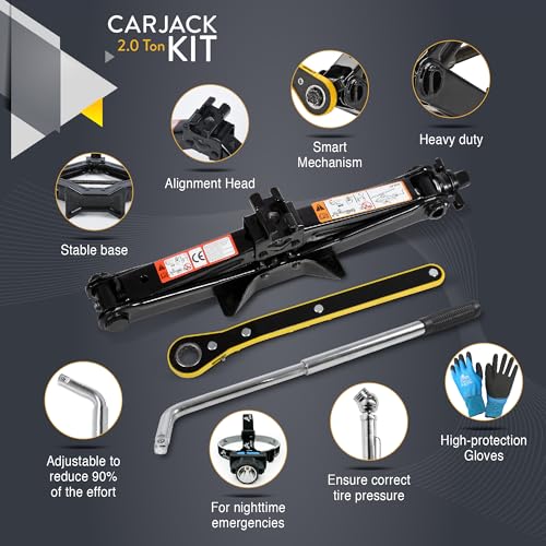 Car Jack Kit 2 Ton Scissor Jack with Lug Wrench Auto Tire Change Tool | Portable emergency kit, Cars & SUVs, Spare tire changing, LED headlamp, Tire pressure gauge, Work gloves - size: Car Jack Kit 2 Ton + Lug Wrench