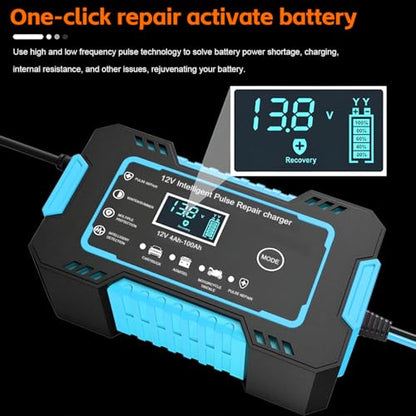Mandark Car Battery Charger, 12V 6A Smart Fully Automotive Battery Trickle Charger, Portable Vehicle Battery Maintainer Desulfator with Temperature Compensation, Universal for SUV RV Truck (Blue) - color: Blue