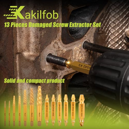 13 Pieces Easy Out Screw Extractor Set and Left-Hand Drill Bit Set, Stripped Screw Extractor Set for Removing Damaged Screws, Broken Bolts, Studs - size: 13 Pieces