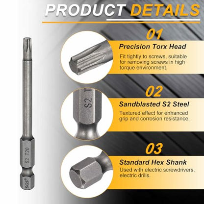 HARFINGTON 10pcs T20 Torx Head Screwdriver Bit 1/4" Hex Shank 3" (75mm) Long Magnetic No Hole Tip Tamper Proof 6 Point Star Screw Driver Drill Bits S2 Steel Industrial Power Screwdrivers - size: T20 x 3"