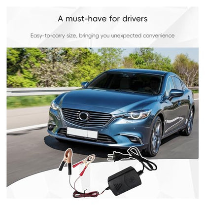 Dickno Car Battery Charger, 12V Multipurpose Lead Acid Automotive Charger with Crocodile Clip and Power Indicator, Smart Vehicle Battery Charger for Car, Motorcycle, Boat and More