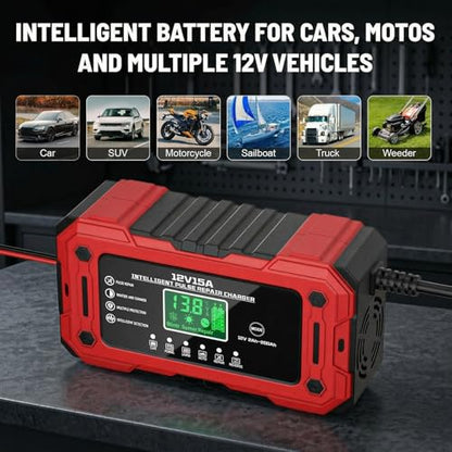 Car Battery Charger 12V 15A Smart Trickle Charger Fully Automatic | Battery Maintainer with Temperature Compensation LCD Display 8-Layer Protection for Car Truck Motorcycle Lawn Mower Boat - color: Red