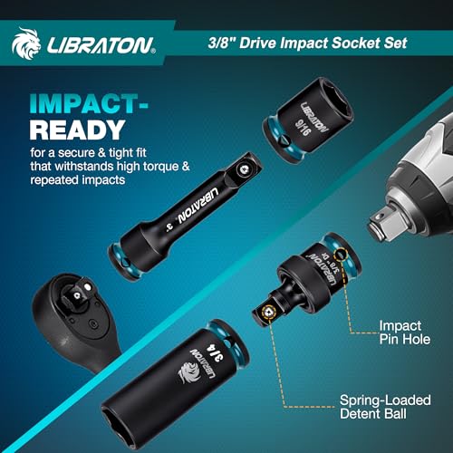 LIBRATON 3/8 Socket Set 90PCS, SAE(5/16-3/4") & Metric(7-19MM) Impact Socket Set, Cr-V Impact Driver Socket, Deep&Shallow, Extension Bars, Ratchet Handle, Screwdriver Bits, Spark Plug Sockets, Adapter