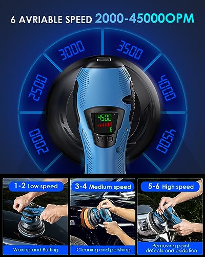 Cordless Car Buffer Polisher 6IN 2x2.0Ah 21V Batteries, 21pcs Attachments | Cordless Polisher with LED Display, 6 Variable Speed to 4500OPM, 8mm Orbital Buffer Polisher Kit for Car Detailing/Polishing