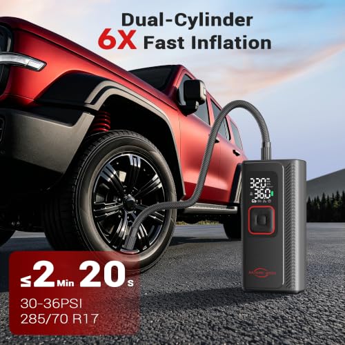 Dual Cylinder 6X Fast Tire Inflator Portable Air Compressor, 10400mAh Heavy Duty Air Pump with Pressure Gauge, 160PSI Portable Tire Pump for Car, SUV, Pickup Truck, Motorcycle, Bike, Ball