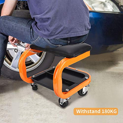 Heavy Duty Rolling Shop Stool, Mechanics Chair with Wheels, 400 LBS | Rolling Stool for Garage with Casters, Mechanics Roller Seat with Segmented Tool Tray and Comfortable Leather Cushion