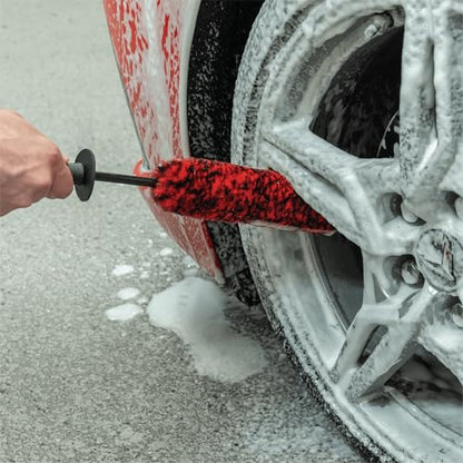 Mothers Wheel Barrel Brush, 16-Inch Wheel Cleaning Brush for Car Detailing, Long Reach Rim and Spoke Tool for Brake Dust, Red and Black, 1 Pack