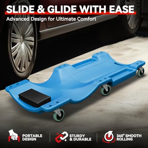 Auto Dynasty 40 Inches Mechanic Creeper, Automotive Garage Repair Low Profile Under Car Rolling Creeper with Padded Headrest, Plastic, Blue - color: Blue, size: 40" L