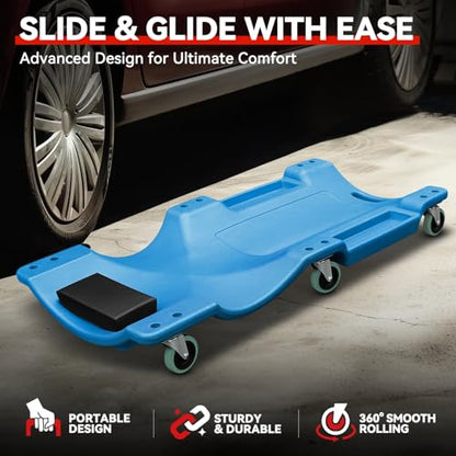 Auto Dynasty 40 Inches Mechanic Creeper, Automotive Garage Repair Low Profile Under Car Rolling Creeper with Padded Headrest, Plastic, Blue - color: Blue, size: 40" L