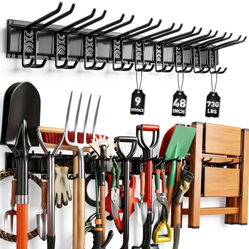 ELEAD 9-Pairs Heavy Duty Garage Tool Organizer Wall Mount Hooks, 48 Inches 730 lbs Garden Tool Organizer with Adjustable Hooks, Yard Tools Organizers for Garden, Yard, and Shed - color: Heavy Duty 48"