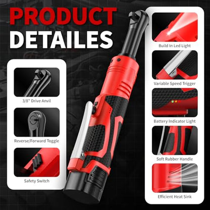FULLYEA Cordless Electric Ratchet Wrench Set, 40 Ft-lbs, 550 RPM Power Ratchet,16.8V electric ratchet 3/8" drive with Variable Speed, 1/4" Adapter, LED Light, 2 * 2.0Ah Batteries and Fast Charger