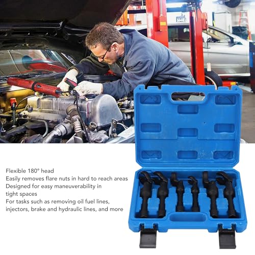 Crows Foot Wrench Set Metric Flexible Head Crowfoot Flare Nut Wrench Set for Hard to Reach Nut Removal in Automotive Repair Steel Construction with Blow Molded Case 6 Piece Kit