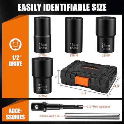 GIREORAN 6 Piece Wheel Lock Removal Kit, Lug Nut Remover, 1/2 Inch Drive Impact Bolt Extractor Socket Set for Removing Stripped, Damaged, Frozen, Rusted, Rounded-Off Bolts, Nuts - size: 6 Piece