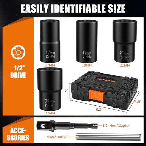 GIREORAN 6 Piece Wheel Lock Removal Kit, Lug Nut Remover, 1/2 Inch Drive Impact Bolt Extractor Socket Set for Removing Stripped, Damaged, Frozen, Rusted, Rounded-Off Bolts, Nuts - size: 6 Piece