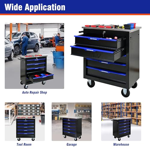 5 Drawer Heavy Duty Rolling Tool Chest, Mobile Metal Lockable Tool Cart with Stainless Steel Worktop, Garage Tool Storage Cabinet for Workshop Auto Repair, Black & Blue, 30.7" H × 25.9" W - size: 5 Drawers