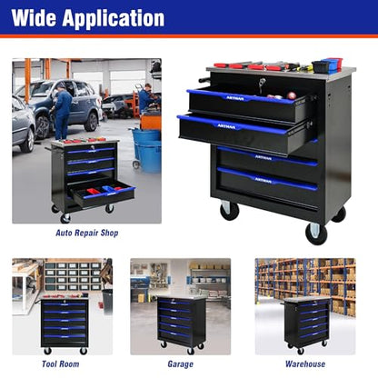 5 Drawer Heavy Duty Rolling Tool Chest, Mobile Metal Lockable Tool Cart with Stainless Steel Worktop, Garage Tool Storage Cabinet for Workshop Auto Repair, Black & Blue, 30.7" H × 25.9" W - size: 5 Drawers