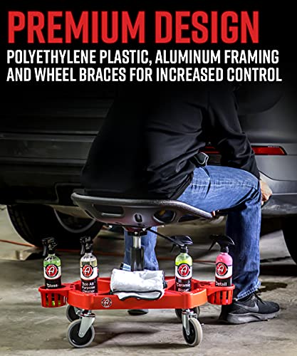Adam's Polishes Pro Rolling Stool, Car Detailing Stool Chair, Shop Stool with Wheels, Garage Organizer, Tool Organizer Tray, Adjustable Height for Car Cleaning Buffer Polisher Ceramic Coating Car Wax