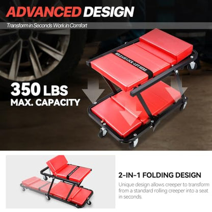 Low-Profile Foldable Creeper, 2-in-1 Rolling Garage Z Creeper Car & Seat, 48" Roller Mechanics Chair, 350 LBS Capacity Workshop Roller Creeper with 6 Swivel Casters
