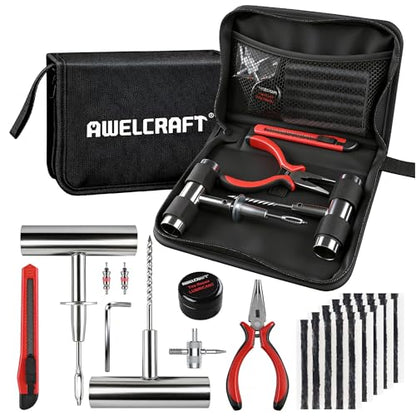 AWELCRAFT 36-Piece Tire Repair Kit – Heavy Duty Flat Tire Plug Kit with T-Handle Tools, 25 Rubber Plugs, 4-Way Valve Tool, Pliers, Folding Knife – Portable Tool Bag – Universal for Car - size: 36 Piece Repair Kit