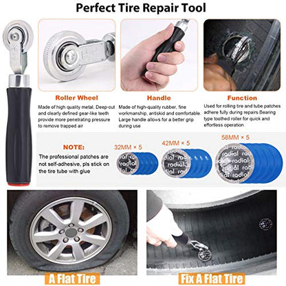 70Pcs Tire Repair Kit - Patch, Scraper, Valve Stem Removal Tools, Cores, Caps & Patches for Punctures