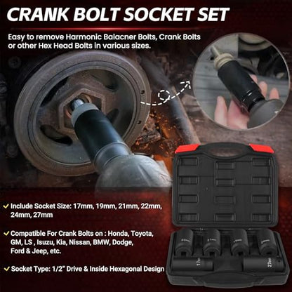 1/2" Drive Weighted Crank Bolt Socket Set, 17MM, 19MM, 21MM, 22MM, 24MM 27MM, Harmonic Balancer Socket Set, Weighted Deep Impact Socket Set, 3 Times Momentum Power of Standard Impact Socket