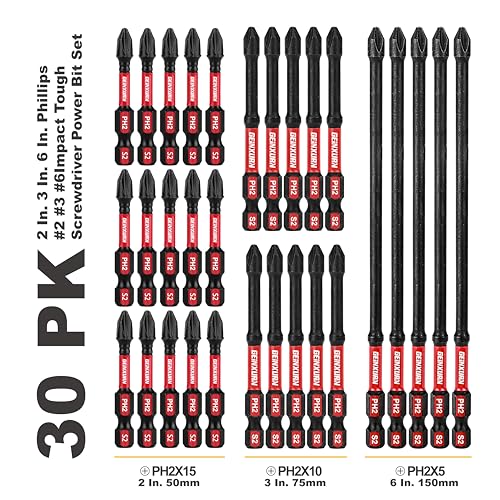 Geinxurn Impact Tough #2 Phillips Mixed 2/3/6 in. D2 Steel Long Extension Insert Driver Bits,30Pack 1/4 Inch Hex Shank Long Cross Magnetic PH2 Screwdriver Bits Set - size: MIXED-PHD2-30PCS