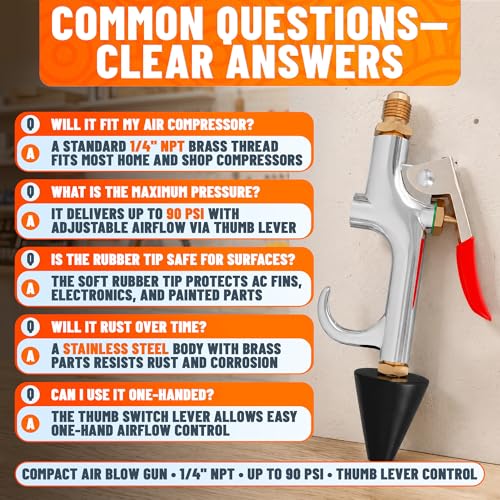 Air Nozzle Blow Gun for Compressor, 1/4 In Stainless Steel HVAC Tool | Blows Dust from Tight Spaces with Compressed Air - Rust-Resistant Brass Thread, Rubber Tip, Thumb Lever | Adjustable Pressure