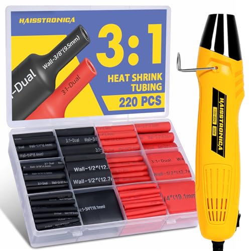 haisstronica 220PCS Heat Shrink Tubing Kit, 3:1 Adhesive Lined Heat Shrink Tube with 350W Mini Heat Gun, Waterproof Insulated Shrink Wrap for Automotive Marine Wiring Repair - size: 220 PCS
