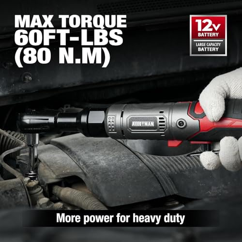 Alloyman 3/8" Cordless Ratchet Wrench Set, 60FT-LBS(80N.m) Electric Ratchet, 12V Extended Power Socket Wrench Set with Variable Speed, 6 Sockets, LED Light, 1/4" Adapter,1/2" Adapter,2 Batteries