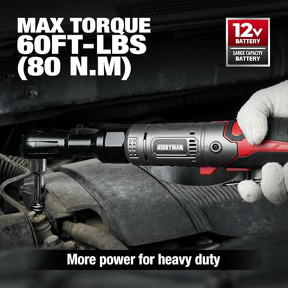 Alloyman 3/8" Cordless Ratchet Wrench Set, 60FT-LBS(80N.m) Electric Ratchet, 12V Extended Power Socket Wrench Set with Variable Speed, 6 Sockets, LED Light, 1/4" Adapter,1/2" Adapter,2 Batteries