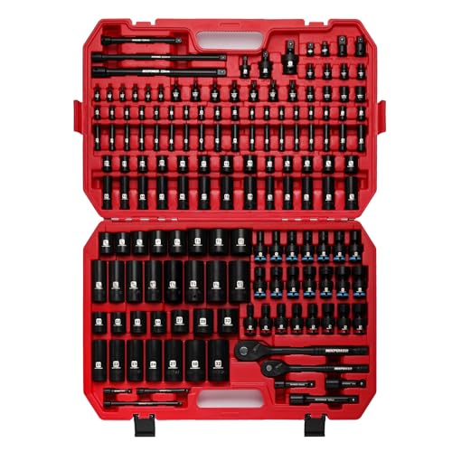 MIXPOWER 153 Pieces 1/4"&3/8"&1/2" Drive Mechanic Tool Set,Metric/SAE,6-Point,Deep and Shallow Sockets,Impact Universal Joint Swivel Sockets,Impact Socket Extension Bar - size: 1/4"&3/8"&1/2" Drive