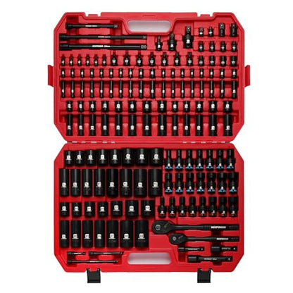 MIXPOWER 153 Pieces 1/4"&3/8"&1/2" Drive Mechanic Tool Set,Metric/SAE,6-Point,Deep and Shallow Sockets,Impact Universal Joint Swivel Sockets,Impact Socket Extension Bar - size: 1/4"&3/8"&1/2" Drive