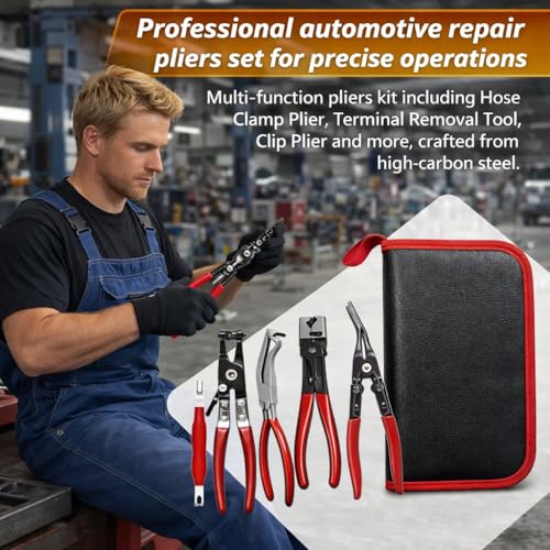 5PCS Automotive Electrical Disconnect Pliers Kit with Leather Storage Case | High-Carbon Steel Connector Separator, Hose Clamp & Trim Clip Removal Tools, Professional Set for Auto Repair & Maintenance